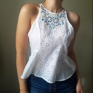 White Razorback Top w/ Stone & Flower Detail
